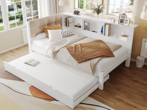 ModernLuxe Slaapbank 90x200 cm​​ - Eenpersoonsbed - Met opbergbed - Met LED-verlichtingsstrip - Met plank - Met USB-poort - Grenen - Wit (zonder
