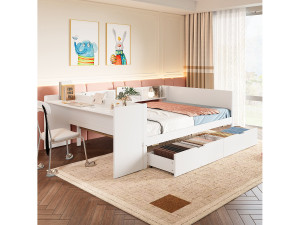 Merax tweepersoonsbed - 140 x 200 cm - 2 lades + bureau - zonder matras - grenen + spaanplaat - wit