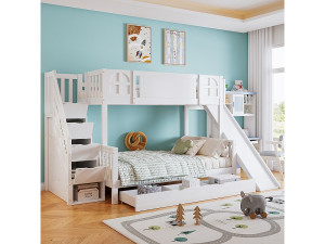 marque Stapelbed 90x200 kinderbed met glijbaan, lades op wieltjes, trap met leuning en 4 geïntegreerde opbergvakken, multifunctioneel ontwerp van