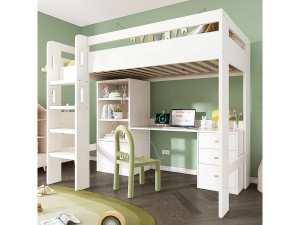 marque Hoogslaper 90x200 voor kinderen met bureau, USB-C-poort, kast en ordner, eenpersoonsbed voor tieners met witte trap
