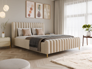 Luxe gestoffeerd bed Lux Beige 120x200 cm met opbergruimte, hoofdbord, lattenbodem, gouden poten