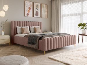 Luxe gestoffeerd bed Lux Poederroze 160x200 cm met opbergruimte, hoofdbord, lattenbodem, gouden poten