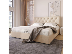 Opbergbed 160x200 cm - Volwassen bed met verstelbaar hoofdeinde - metalen frame - linnen - natuurlijke kleur - zonder matras
