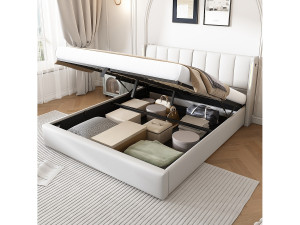 Hauss Spole Dubbel opbergbed 160x200 cm, volwassen bed met LED, USB en verstelbare rugleuning in wit PU (zonder matras)