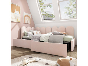 Kinderbed 90x200 cm - Eenpersoonsbed met 2 lades en lattenbodem - roze fluweel - zonder matras