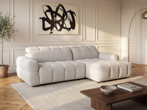 Vente-unique Hoekbank rechts relax met elektrische uitschuifbare zitting van beige stof CARIALA
