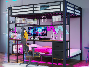 ModernLuxe Stapelbed 90x200cm + 140x200 cm - met lade - met bureau - met LED-verlichting + USB - zwart (zonder matras)