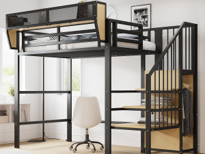 ModernLuxe Hoogslaper 90×200 cm - met ladder - modulaire opbergruimte - metaal - zwart (zonder matras)