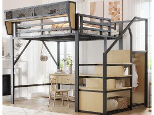ModernLuxe Hoogslaper 140×200 cm - met ladder - modulaire opbergruimte - metaal - zwart (zonder matras)