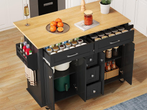 ModernLuxe Verrijdbaar keukeneiland - uitschuifbaar werkblad - 5 laden en 4 deuren - met handdoekrek - MDF - zwart