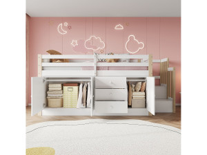 Merax Kinderbed halfhoog - 90 x 200 cm - met trap + 3 lades - 2 kledingkasten - wit