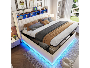 Hauss Spole 180x200cm Volwassen Opbergbed met LED-verlichting en USB Type-C, Linnen, Beige, Zonder Matras
