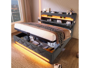 Hauss Spole Opbergbed 180x200 cm met LED en USB Type-C, linnen, grijs, zonder matras