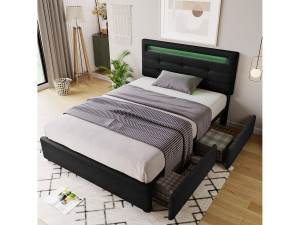 Kinderbed 90x200 cm - Tienerbed met 2 lades en verstelbaar hoofdeinde - LED-verlichting - zwart linnen