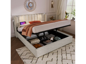 Opbergbed 140x200 cm - Volwassen bed met leeslampje en oplaadfunctie - linnen - naturel - zonder matras