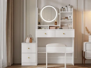 ModernLuxe Penteadeira com espelho - com banquinho - com iluminação LED ajustável - com 4 gavetas - branco