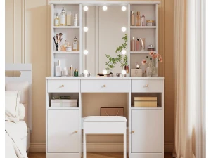 ModernLuxe Penteadeira com espelho - com banquinho - com iluminação LED ajustável - 2 portas e 3 gavetas - branco
