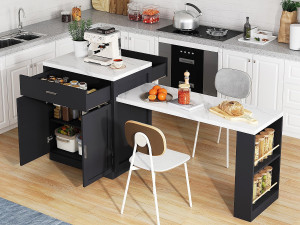 ModernLuxe Keukeneiland - met USB - met 2 deuren en 2 laden - Uitschuifbaar werkblad - Open schappen - Wit+zwart