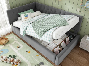 ModernLuxe Slaapbank met opbergruimte 90×200 cm - met fluweel stof - met lattenbodem - grijs (zonder matras)