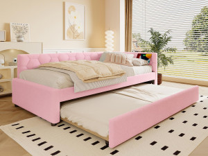 ModernLuxe Slaapbank 90×200 cm - met opbergbed - met USB-poort + Type-C - roze (zonder matras)