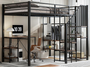 ModernLuxe Hoogslaapbed 120x200 cm - met bureau en plank - met open kast - veiligheidstrap met 4 treden - Zwart + Natuurlijk (zonder matras)