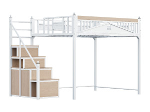 ModernLuxe Metalen hoogslaapbed 140x200 cm - met opbergtrap - Wit (matras niet inbegrepen)