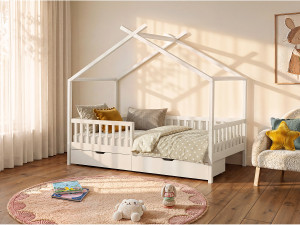 Vente-unique Hutbed 90 x 190 cm met lades - Grenen en MDF - Wit + matras - KIRALIO