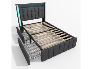 Hauss Spole Tweepersoonsbed 90x200 cm grijs met 2 lades, USB-poort en LED-verlichting, linnen, lattenbodem, zonder matras