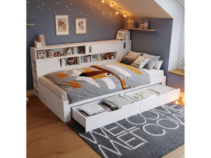 Merax Kinderbed - 90 x 200 cm - met 2 lades + boekenkast + opbergkast - MDF - wit