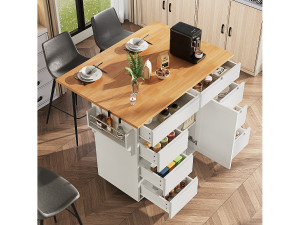 Merax Keukeneiland op wielen - 122 x 40 x 91,5 cm - uitschuifbare keukentrolley + 8 lades - MDF - wit