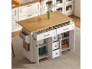 Merax Keukeneiland op wielen - 140 x 65 x 89 cm - met uitschuifbaar blad + 5 lades + 4 deuren - wit