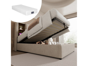 Merax Eenpersoonsbed met opbergruimte - 90 x 200 cm - met draadloos opladen via USB - met matras - linnen stof - natuurlijk
