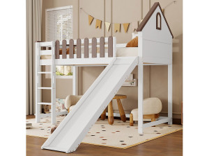 Merax Kinderhoogslaper - 90 x 200 cm - met dak + raam + glijbaan - grenen + MDF - wit