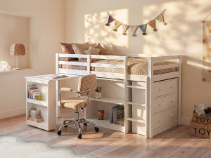 Vente-unique Hoogslaper 90 x 190 cm met opbergruimte en uitschuifbaar bureau - Grenen en mdf - Wit + matras - ABRENO
