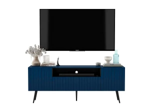 Mueble de TV con 3 puertas y nicho – Cuerpo azul marino mate, frentes ranurados azul marino mate – 150 cm, patas negras