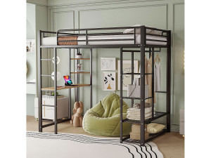 Hauss Spole Hoogslaper kind 90x200 cm van zwart metaal met bureau, trap en plank, lattenbodem inbegrepen, zonder matras