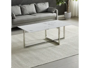 Mesa de centro rectangular - Cristal templado efecto mármol blanco - Metal plateado - CHIARA