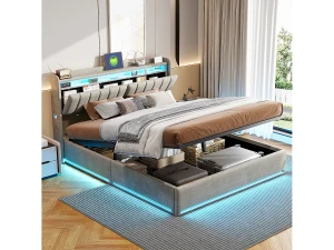 Cama estofada 140 x 200 cm com carregador USB, cama de casal, cama com espaço de arrumação e iluminação LED, cabeceira com estrado de ripas
