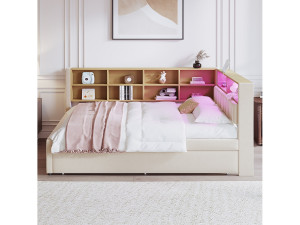 Hauss Spole Kinderbed 140x200 cm met LED/USB en opbergplanken, uitschuifbed 90x190 cm, in beige flanel, zonder matras
