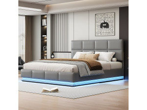 Hauss Spole Tweepersoonsbed met opbergruimte 180x200 cm lichtgrijs in kunstleer, verstelbaar hoofdbord, lattenbodem, zonder matras