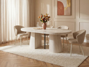Vente-unique Uitschuifbare eettafel voor 6 tot +12 personen van MDF - Beige travertijn effect - CLOEVA
