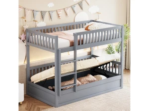 Merax Beliche Infantil - 2 x 90 x 200 cm - com Arrumação Hidráulica - Resistente e Durável - Pinho + Contraplacado + MDF - Cinza