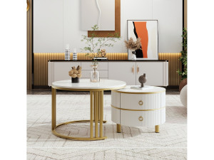Merax 2-in-1 ronde salontafel - 70 x 70 x 46 cm + 50 x 50 x 40 cm - salontafelcombinatie met 2 lades - MDF - wit