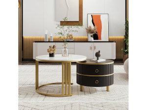 Merax 2-in-1 ronde salontafel - 70 x 70 x 46 cm + 50 x 50 x 40 cm - Salontafelcombinatie met 2 lades - MDF - zwart