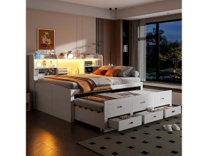 Merax Sofá-cama retrátil - 140 x 200 cm + 90 x 190 cm - com LEDs + 3 gavetas + mesa de cabeceira + USB + Tipo-C - aglomerado + MDF - branco