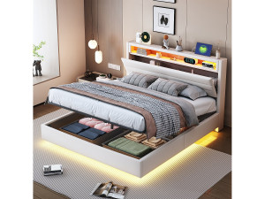 Merax Gestoffeerd tweepersoonsbed met opbergruimte - 140 x 200 cm - Hydraulische opbergruimte - met USB-poort + LED-lampjes + Hoofdbord - Omkeerbaar