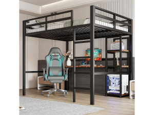 Merax Kinderhoogslaper - 140 x 200 cm - met opbergplanken + bureau met stopcontact + USB-aansluiting - Metaal + MDF - zwart
