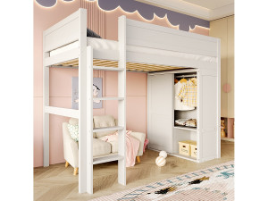 Merax Kinderhoogslaper - 90 x 200 cm - met kledingkast + opbergvak - Grenen + MDF - wit