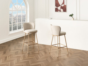 Vente-unique Set van 2 barkrukken van getextureerde stof en metaal met houteffect - Beige en Naturel - SENORASE