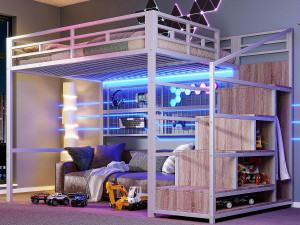 ModernLuxe Verlichte mezzanine 140x200 cm - ijzeren constructie - met kledingkast + opbergtrap - LED-verlichtingsstrip - wit (matras niet inbegrepen)